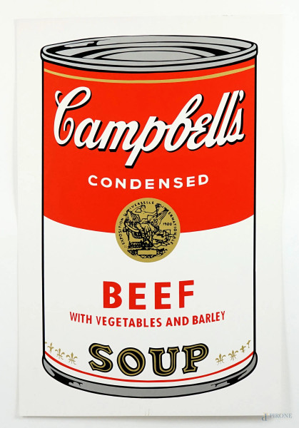 After Andy Warhol (1928-1987), Campbell's Beef Soup, Sunday B. Morning , 2000ca., serigrafia a colori su carta, cm 89x58,5, con timbro blu sul retro: "Fill in your signature" e "Published by Sunday B.Morning", (difetti sulla carta).