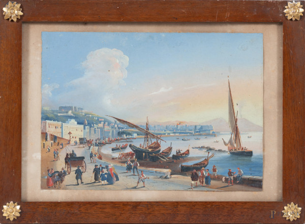 Coppia di vedute di Napoli, XIX secolo, tecnica mista su carta, cm 19,5x27, entro cornice, (lievi...