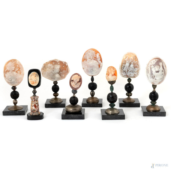 Lotto di otto cammei in conchiglia e materiali vari, XIX secolo, altezza massima cm 15, (segni di usura, difetti)