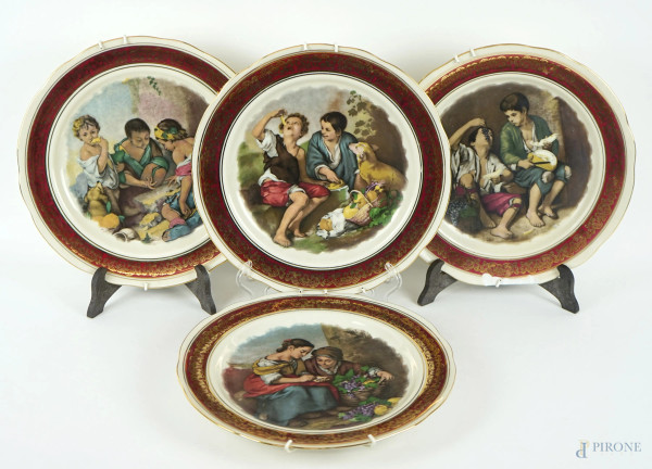 Quattro piatti in porcellana H&C Selb Bavaria Germany Heinrich, decalcomanie da Bartolomé Esteban Murillo, diam. cm 26,5, (uno presenta sbeccatura)