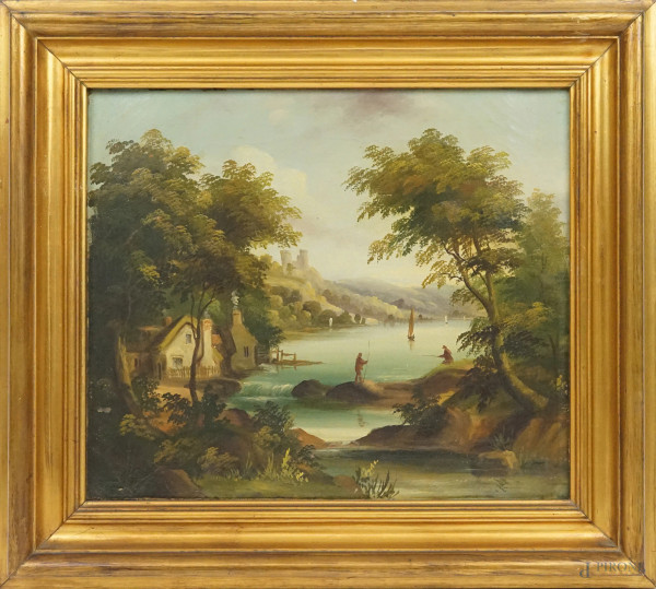 Paesaggio fluviale con figure, olio su tela, cm 26,5x31, prima metà XX secolo, entro cornice, (difetto sulla tela).