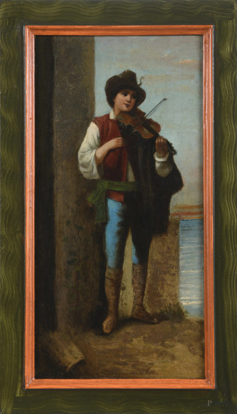 Popolano con violino, XIX-XX secolo, olio su tela, cm 53x26,5, entro cornice, (lievi segni di usura, piccola caduta di colore)