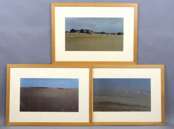 Lotto di tre fotografie raffiguranti il deserto, cm 30,5x52,5, XX secolo