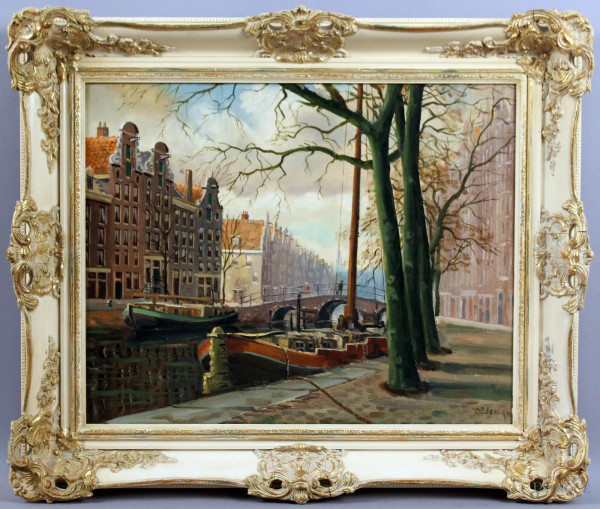 Canale di Amsterdam, olio su tela, cm 40x50, firmato Ordemqui, entro cornice.