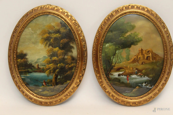 Coppia di paesaggi, oli su tavola ad assetto ovale, cm 24 x 17, entro cornice.
