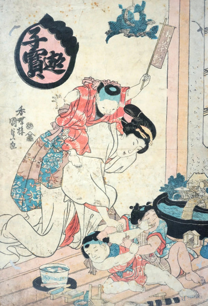 Il litigio, stampa a colori su carta recante iscrizioni, cm 38x26, Giappone, XIX secolo, entro cornice, (difetti).