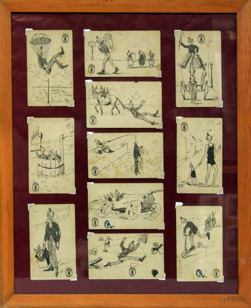 Lotto composto da undici stampe, raffiguranti vignette, marcate La Spiga, cm. 13x8,5, entro unica cornice.
