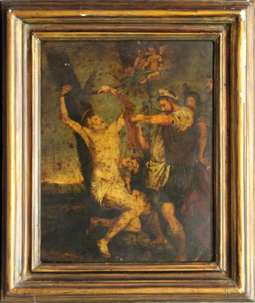 Pittore fiammingo del XVIII sec., Martirio di San Brtolomeo,olio su rame, cm 35,5x28,5, entro cornice.