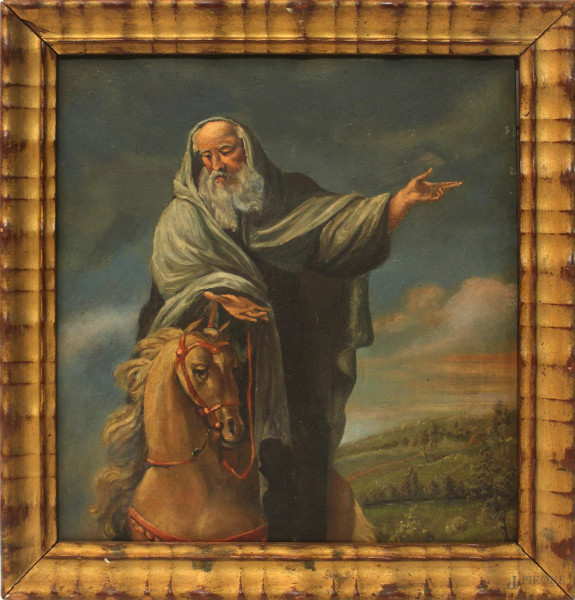 Paesaggio con figura a cavallo, olio su tavola, cm 28x26, XIX sec., entro cornice.