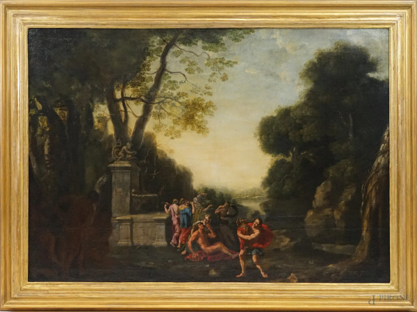 Attr. a Pier Francesco Mola (Coldrerio, 9 febbraio 1612 – Roma, 13 maggio 1666), Baccanale, olio su tela, cm 98,5x140, entro cornice.