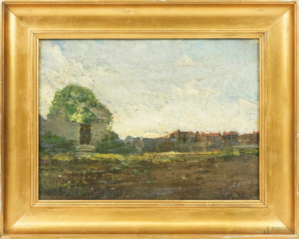 Paesaggio con casolare, olio su tela applicata su cartone, firmato, cm 27,5x36,5, entro cornice