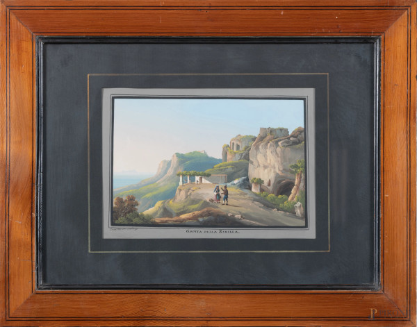 Grotta della Sibilla, XIX-XX secolo, gouache su carta, cm 36,5x50,5 compreso passepartout, entro cornice, (lieve ondulazione della carta)