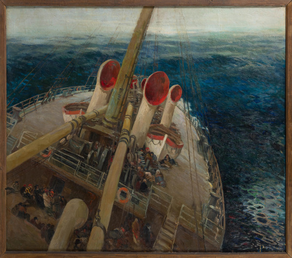 La nave, olio su tela, cm 107x122, entro cornice, (abrasioni, piccole cadute di colore). 