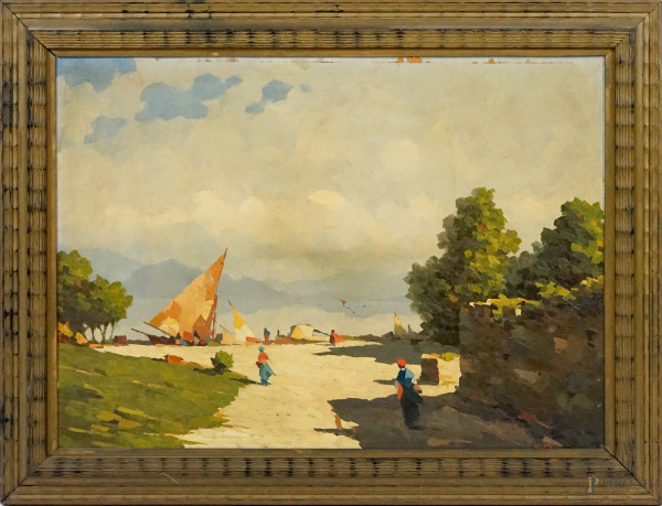 Tignale sul Garda, olio su compensato, cm 51x69, siglato in basso a destra, entro cornice, (difetti)