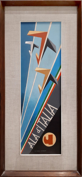 Vittorio Caproni (XX sec.) Ala d’Italia, aeropittura a tecnica mista su tavola, cm 51x15, firmato in basso al centro, timbro e firma al retro, con cornice