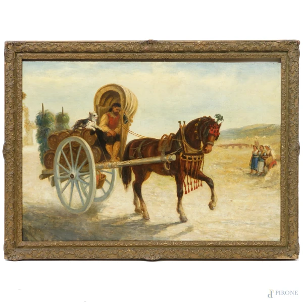 Carro, olio su compensato, XIX-XX secolo, cm 60,5x89,5, entro cornice (difetti)