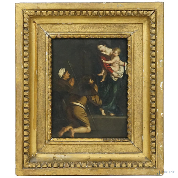 Da Michelangelo Merisi detto Caravaggio (Milano, 1571 - Porto Ercole, 1610), Madonna dei pellegrini, olio su rame, cm 26x20, entro cornice, (lievi difetti)