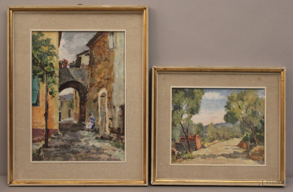 Lotto di due dipinti ad olio raffiguranti scorcio di sentiero e Via Giulia con figura a misure diverse, entro cornice firmati