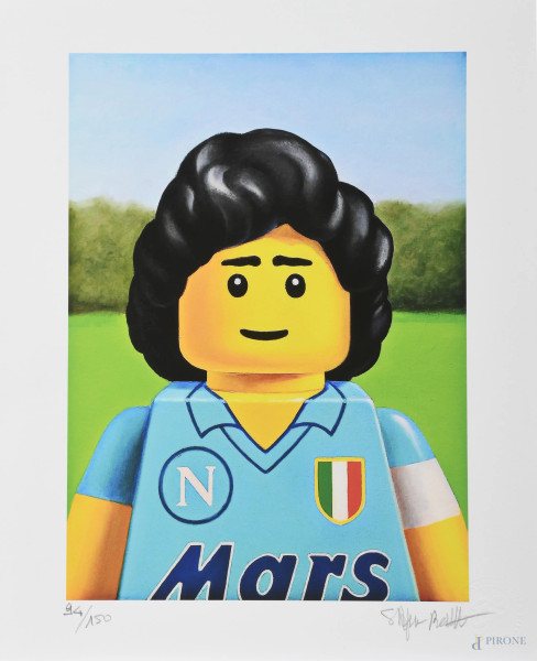 Stampa artistica raffigurante Diego Armando Maradona come personaggio Lego, cm 37x30, es. 16/150, firmata in basso a destra