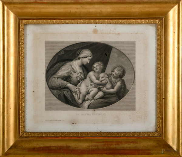 La Sacra famiglia, incisione da Giulio Cesare Procaccini (1574-1625), XIX secolo, cm 43,5x36, entro cornice