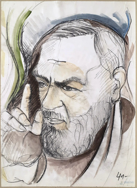 Padre Pio, disegno a tecnica mista su carta, cm 30x42, siglato