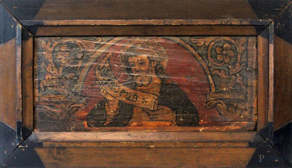 Pittore lombardo del XVI secolo, tavella da soffitto raffigurante Profeta, olio su tavola, cm 20x47, entro cornice, (difetti).