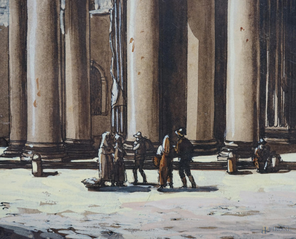 Veduta del Pantheon, XIX secolo, stampa e tecnica mista su carta, cm 30x39,5, entro cornice, (dif...