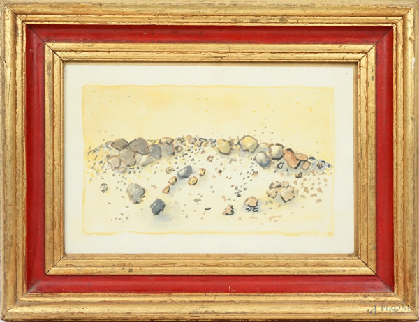 Rocce, acquarello su carta, cm 18x28, XX secolo, entro cornice.