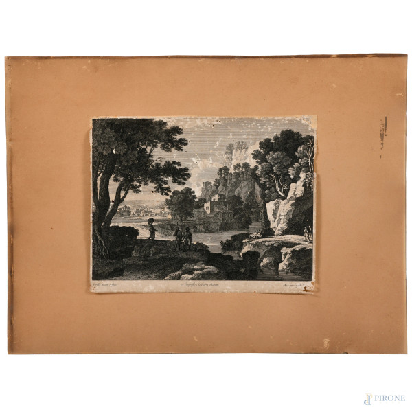 Lotto di due stampe con ritratto d'uomo e paesaggio, XIX-XX secolo, misure massime cm 63,5x49 (gore, difetti, umidità, foxing, strappi)