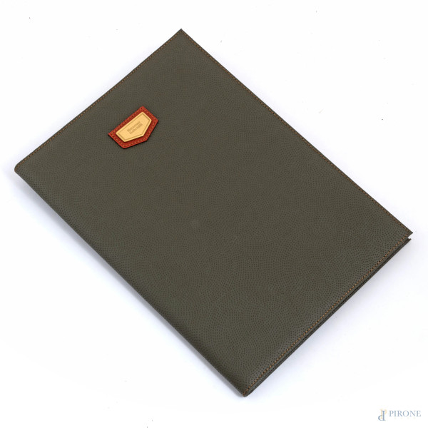 Cartella portadocumenti Nazzario Gabrielli in pelle verde oliva e marrone, cm 32x23, (segni di usura)