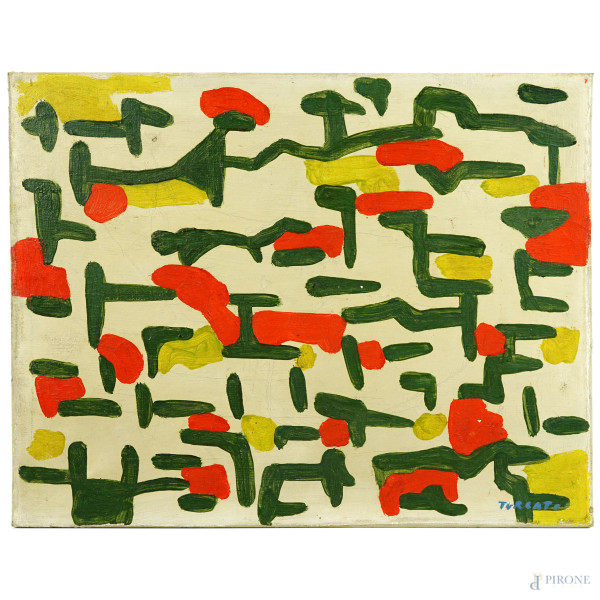 Giulio Turcato - Reticolo, olio su tela, 1956 ca., cm 32.5x44.6, firma in basso a destra "Turcato". Al verso numero di serie dell'Archivio Giulio Turcato, (piccole cadute di colore)
