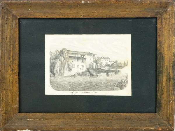 Provenza-Il mulino ad acqua, disegno a matita su carta, cm 13,5x19,5, datato 1860, entro cornice