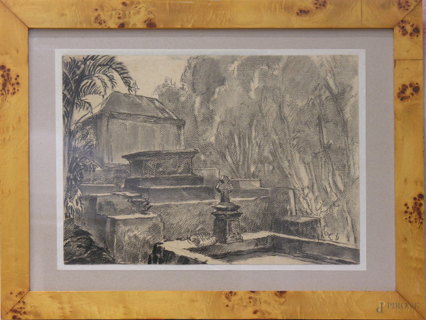 Artista francese del XIX secolo, Il giardino della quiete, carboncino su carta, cm 37x27, iscrizioni al retro, con cornice, provenienza collezione romana