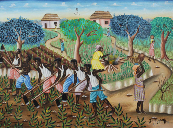 Scuola Haitiana del XX secolo, Scena di campo, olio su tela cm. 45x60.