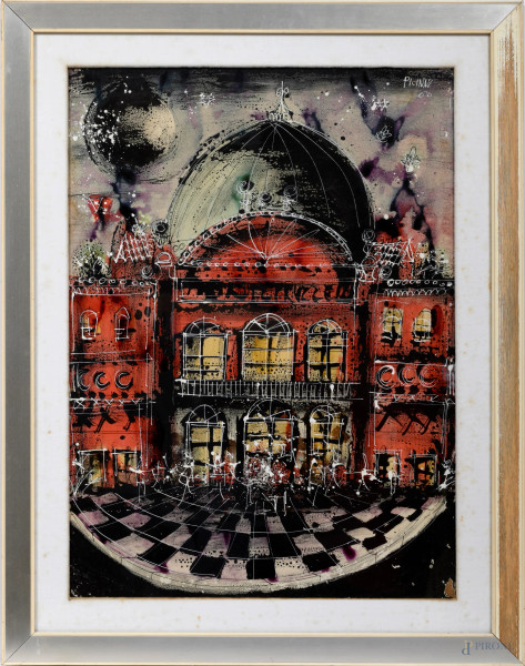 Gennaro Picinni - Teatro Petruzzelli, tecnica mista su carta applicata su tela, cm 66x49, firmato e datato "60" in alto a destra, entro cornice, (difetti)