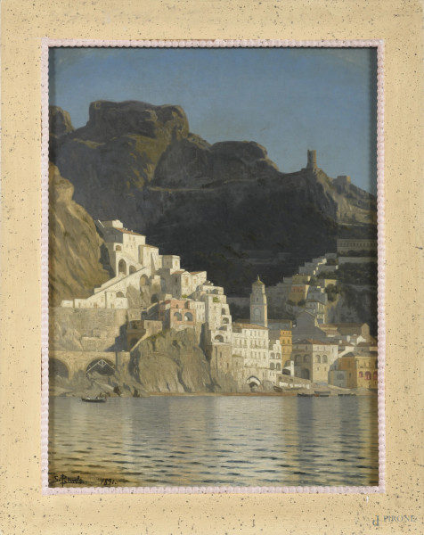 Costiera amalfitana, XX secolo, olio su tela, cm 58x43,5, iscritto in basso a sinistra, entro cornice