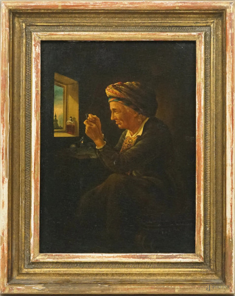 Jan Moraczynski (1807-1870) attr.a, La cucitrice, olio su tavola, cm 30,5x22, entro cornice.