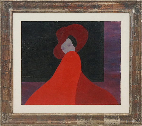 Antonio Thellung - Signora con cappello rosso,olio su tela, cm 50x60, entro cornice.