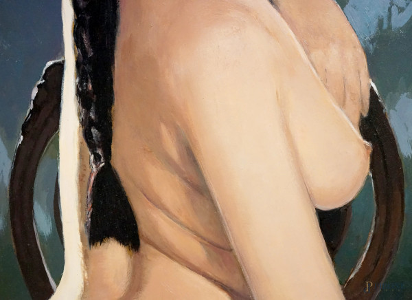 Nudo, olio su compensato, firmato e titolato sul retro, cm 99.5x70, entro cornice