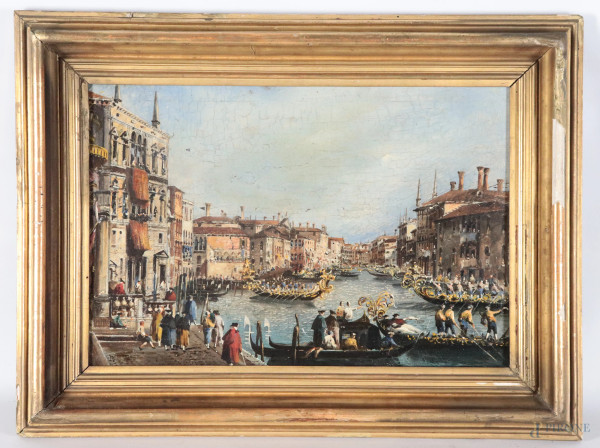 Venezia, XX secolo, olio su tavola, cm 30x43, entro cornice, (segni di usura, craquelure, sollevamenti e cadute di colore)