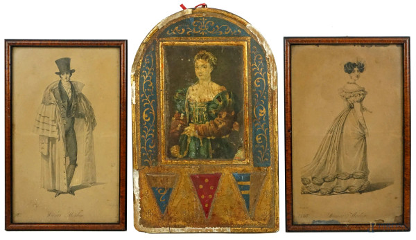 Lotto composto da tre stampe raffiguranti gentildonne e gentiluomo, supporti diversi, cm h 25,5x16,5, XX secolo, (difetti).