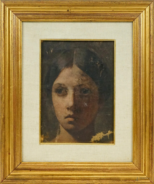 Volto di donna, olio su tela applcata su cartone, cm 25,5,x19, fine XIX secolo, entro cornice, (cadute di colore).