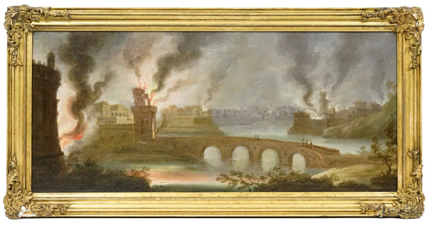 Pittore del XVIII secolo, Incendio di città fortificata, olio su tela, cm 33,5x75, entro cornice.