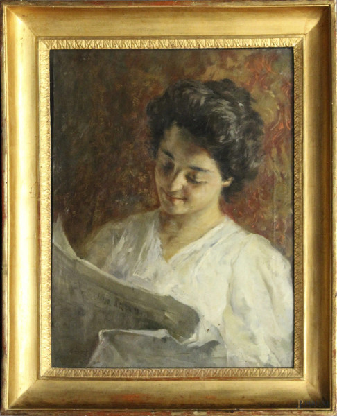 Nicola Biondi - Ragazza in lettura, dipinto ad olio su tela, cm 61 x 46, entro cornice.