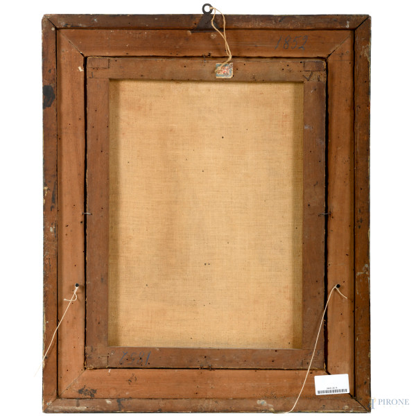 Ritratto di nobildonna con scrigno, XVIII secolo, olio su tela, cm 52x40 entro cornice, (difetti)