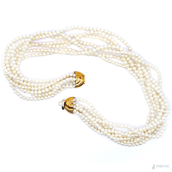 Collana a sette fili di perle con chiusura in oro 18 Kt, cm 40