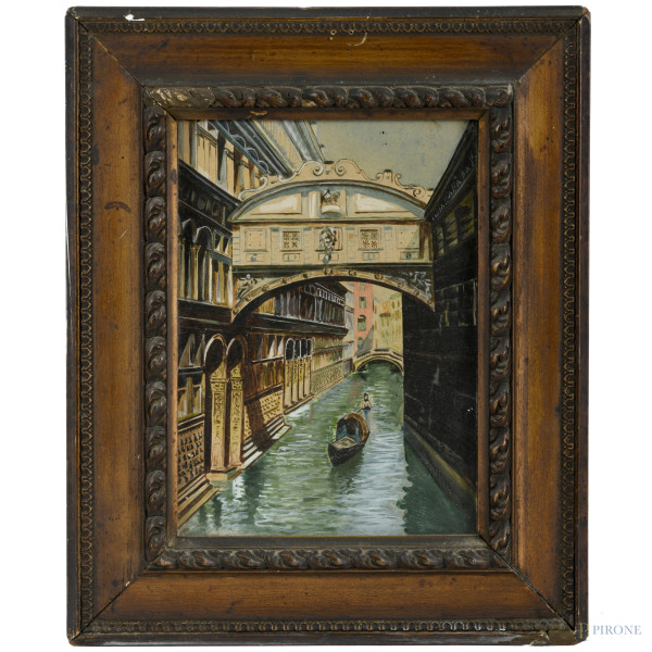 Canale veneziano, XX secolo, tecnica mista su carta applicata su cartone, cm 24,5x17,5, entro cornice