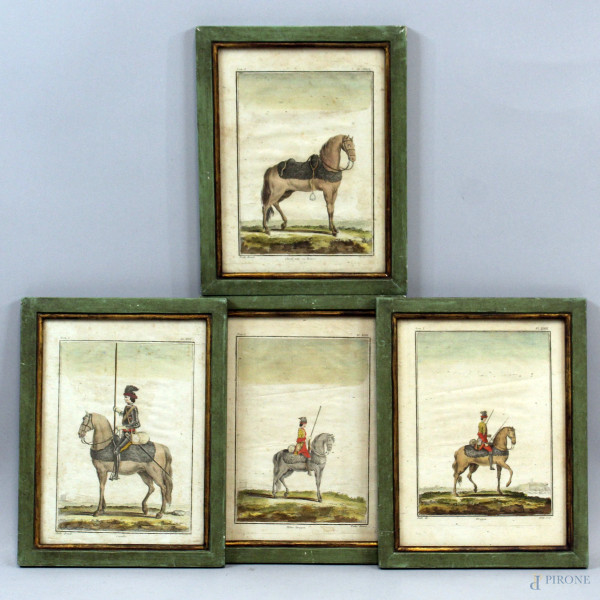 Lotto di quattro stampe acquerellate raffiguranti cavalieri, XIX secolo, cm 27x20, entro cornici, (macchie).
