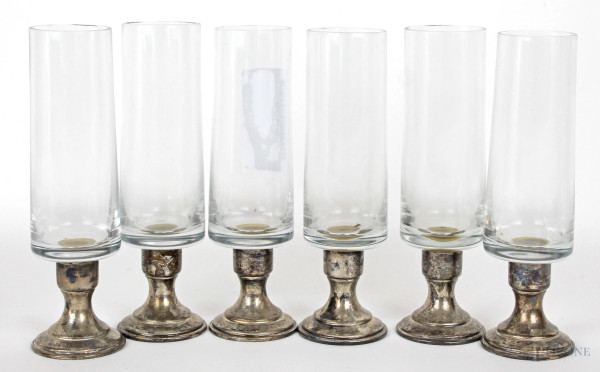 Sei bicchieri in vetro con base in argento, altezza cm 16,5, XX secolo