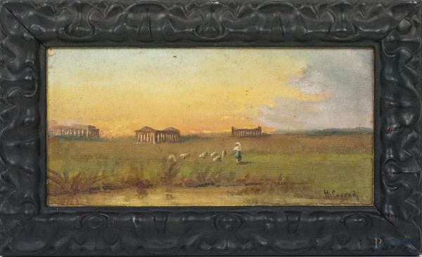 Paestum, olio su tela riportata su tavola, cm 13x27, firmato, entro cornice.